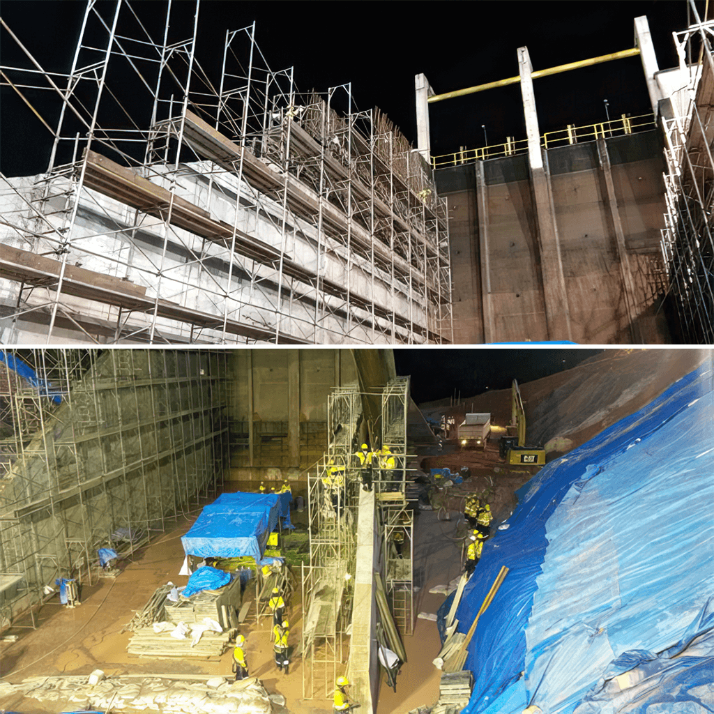 Obras de engenharia civil em usina hidrelétrica, com trabalhadores em andaimes e recuperação de barragem, projeto da Felber Engenharia.