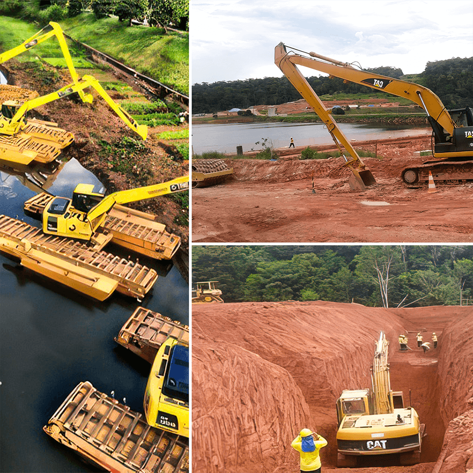 Escavadeiras de lança longa em balsas realizando serviços de dragagem em rio e escavação em vala profunda, executados pela Felber Engenharia.