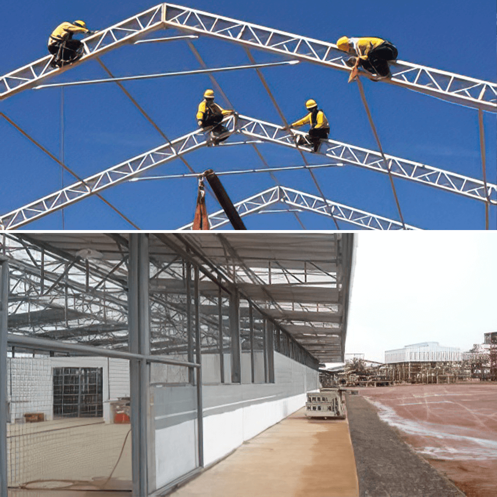 Trabalhadores realizando a montagem da estrutura metálica de um telhado de galpão industrial, executados pela Felber Engenharia.