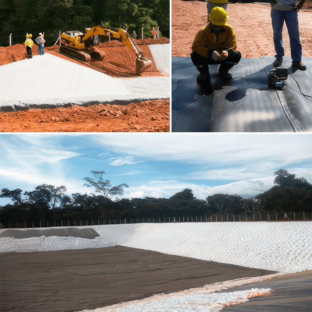 Aplicação e soldagem de geomembrana de PEAD para impermeabilização de solo em obras civis, executados pela Felber Engenharia.