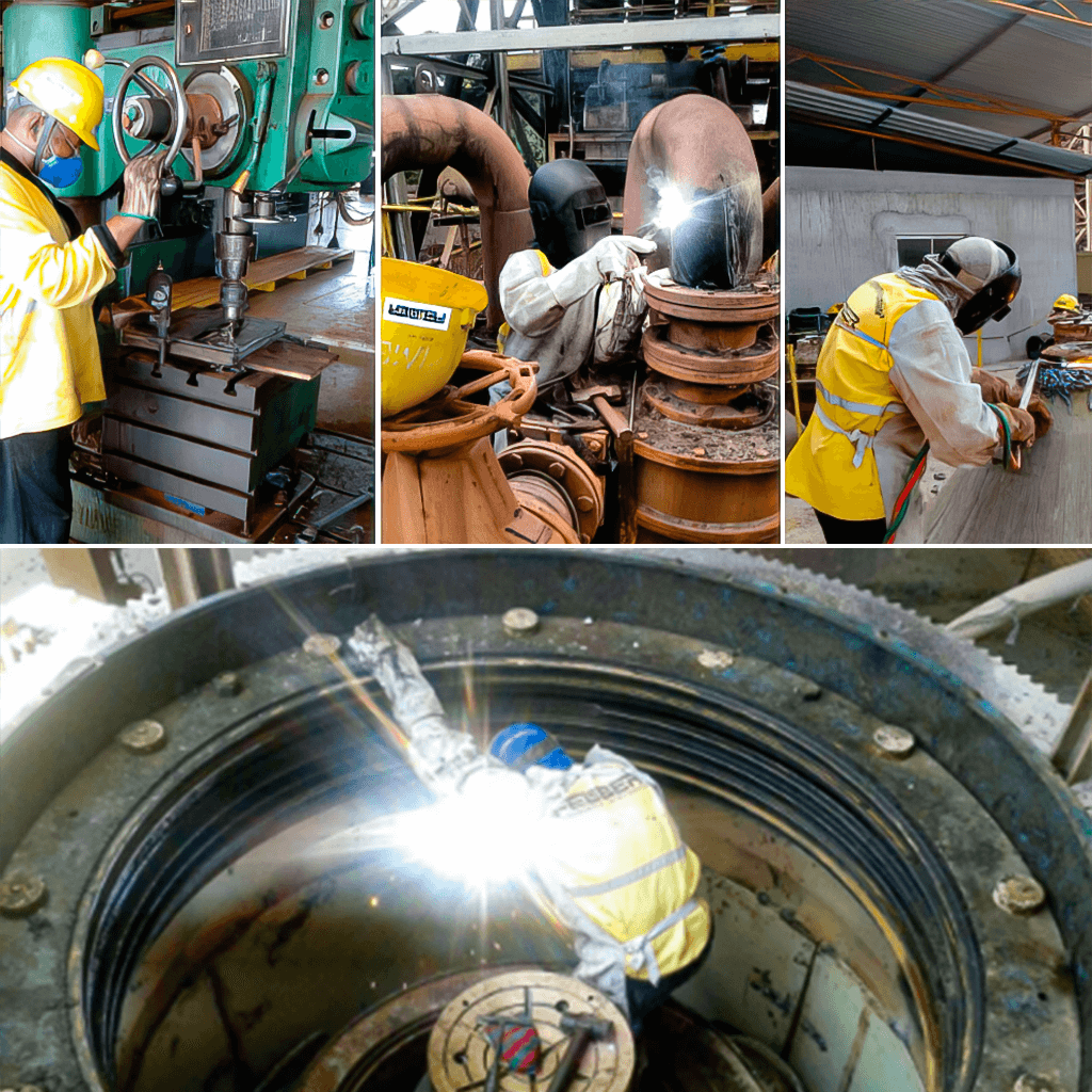 Manutenção eletromecânica integrada, com serviços de soldagem, usinagem e reparo de máquinas industriais, executados pela Felber Engenharia.