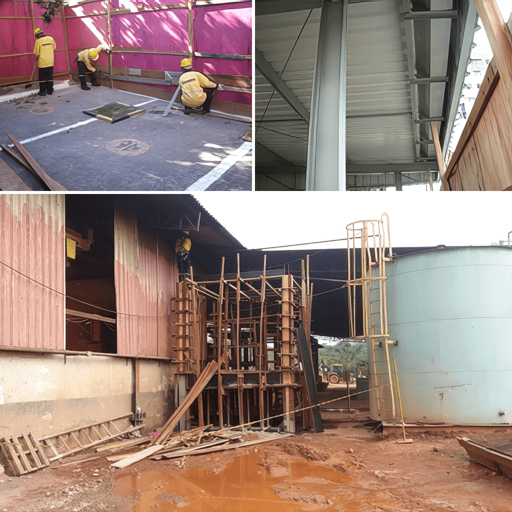 Manutenção predial preventiva e industrial, incluindo instalação de divisórias e limpeza de área industrial, executados pela Felber Engenharia.