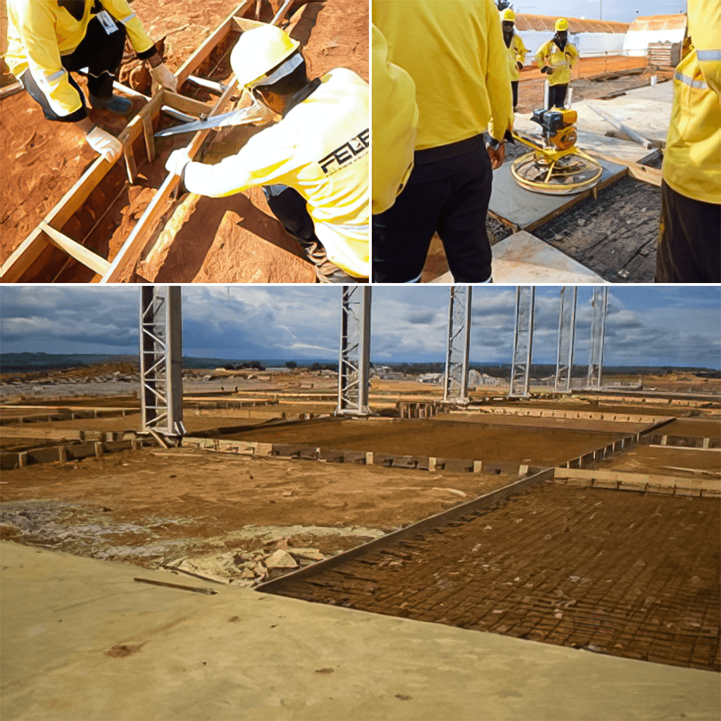 Execução de fundações profundas, mostrando a preparação de formas e a área de estacas metálicas, executados pela Felber Engenharia.