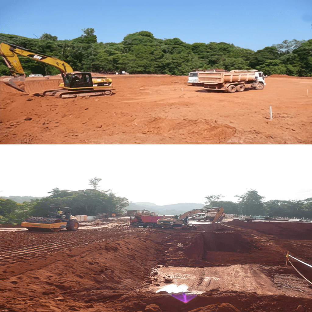 Serviço de terraplenagem com escavadeira, caminhão basculante e rolo compactador em grande obra de movimentação de terra, executado pela Felber Engenharia.